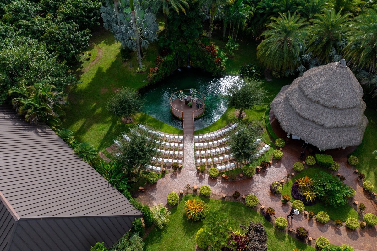 Aerial view of the tropical garden ceremony setting at Longan’s Place
