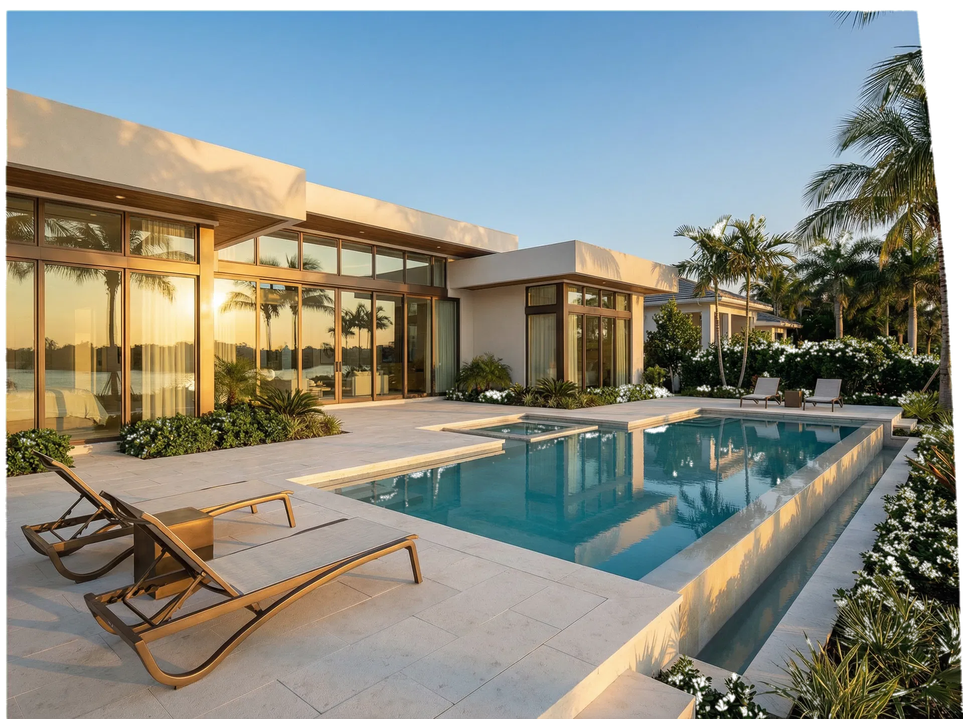 Luxury modern pool in South Florida during golden hour